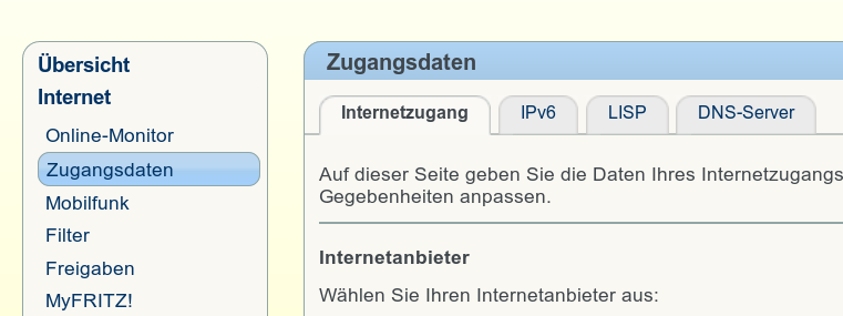 Wählen Sie INTERNET -> ZUGANGSDATEN